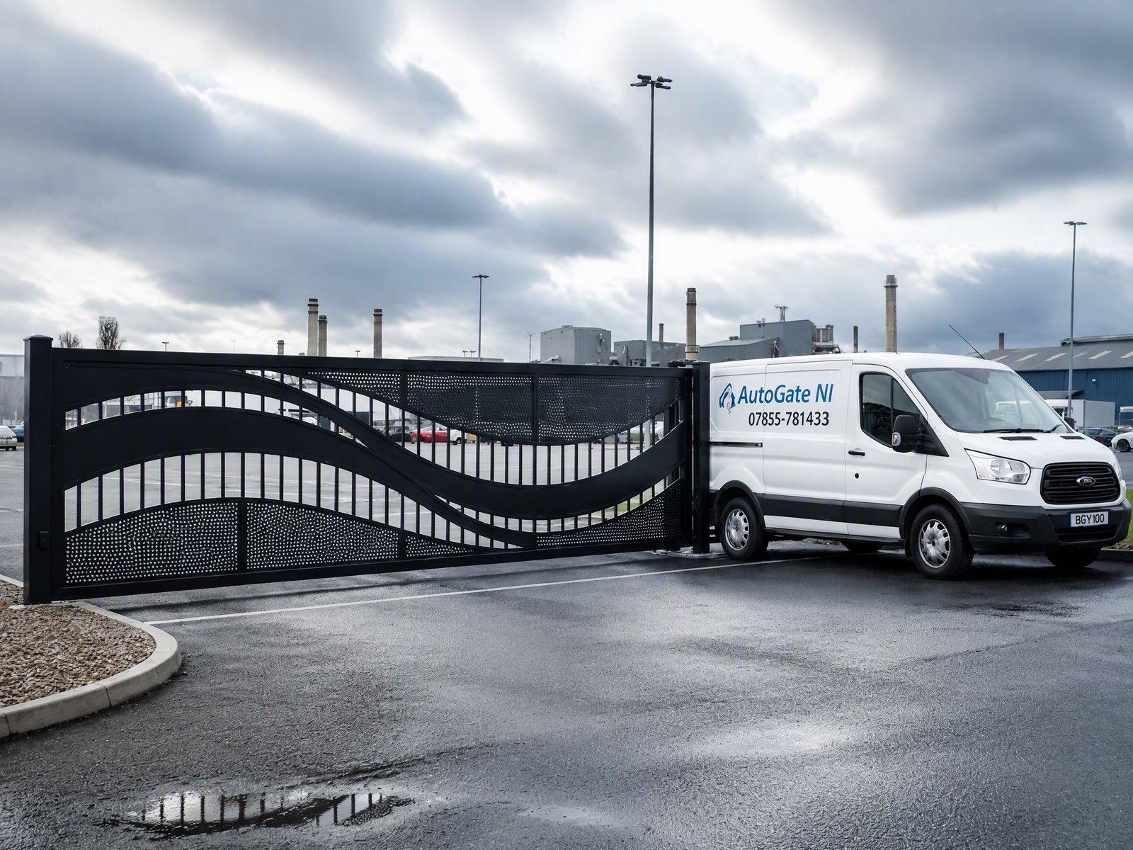 Black electric sliding gate beside the AutoGate NI service van